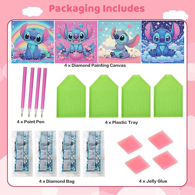 KOJEFCV 4 PCS Diamond Art Painting Kits for Kids, Cartoon Diamond Art for Kids Ages 4-8-12, Cartoon Gem Painting Kit Crafts Beginners for Gift Home Wall Decor (6x6 inch)