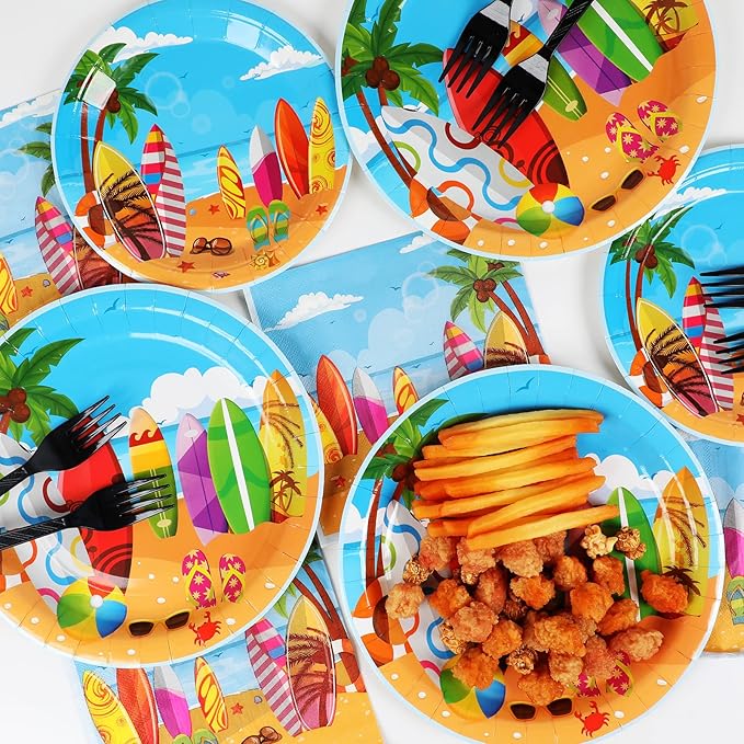 100 Pcs Summer Beach Surfing Party Paper Plates Napkins Supplies for Pool Surfs up Surfboard Theme Birthday Party Decorations Luau Bbq Picnic favors Disposable Dinnerware Plate Serves 25