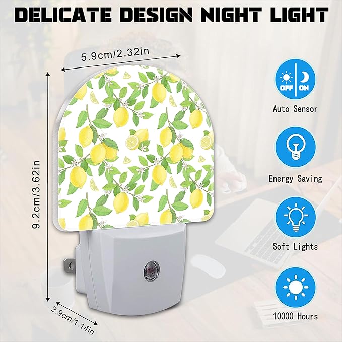 Lemon and Flowers Night Light for Kids,Lemon Fruits and Floral Tree Plug in Night Light with Dusk to Dawn Sensor, 0.5w Energy Saving Nightlight for Hallway Stairway Kitchen Bedroom