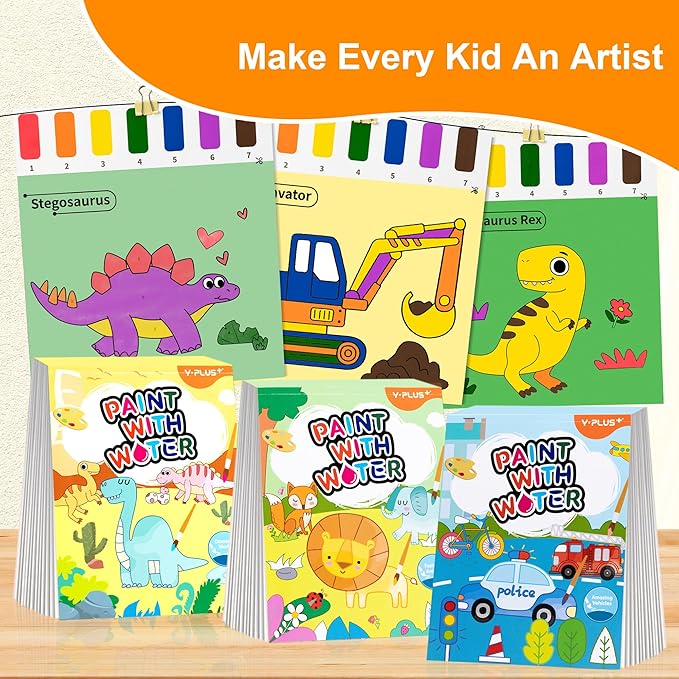 YPLUS Paint with Water Books for Toddlers, Watercolor Painting Paper Gift for Kids Ages 1-3, 2-4, 4-6, Art Craft Gift for Drawing with Brush Christmas Stocking Stuffers for Kids Toddler (All 7 Themes)
