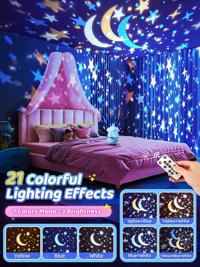PIKOY Night Light Snow for Kids, 15 White Noise+16 Films+336 Colors Star Projector for Kids, 360°+Remote+Cordless Baby Night Light Projector, Princess Toys for Girls Room Decor Light