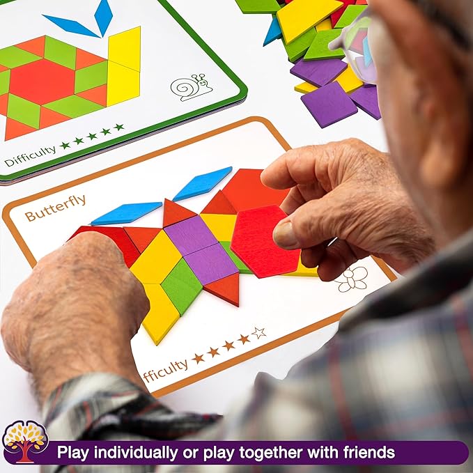 Memory Care Activities for Seniors, Wooden Cognitive Games for Elderly, 80 Pieces Tangram Puzzles for Alzheimer and Dementia Patients, Large Wooden Colorful Shape Pattern Matching Board Gifts (Easy)