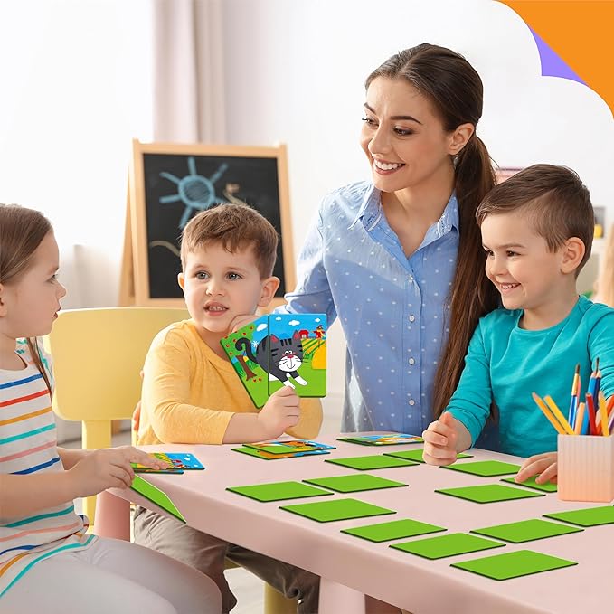 SpriteGru Farm Animal Memory Game, 28 Chunky Cards Farm Animal Head Tail Matching Activity 1-5 Players Memory Matching Game for Toddlers, Preschoolers