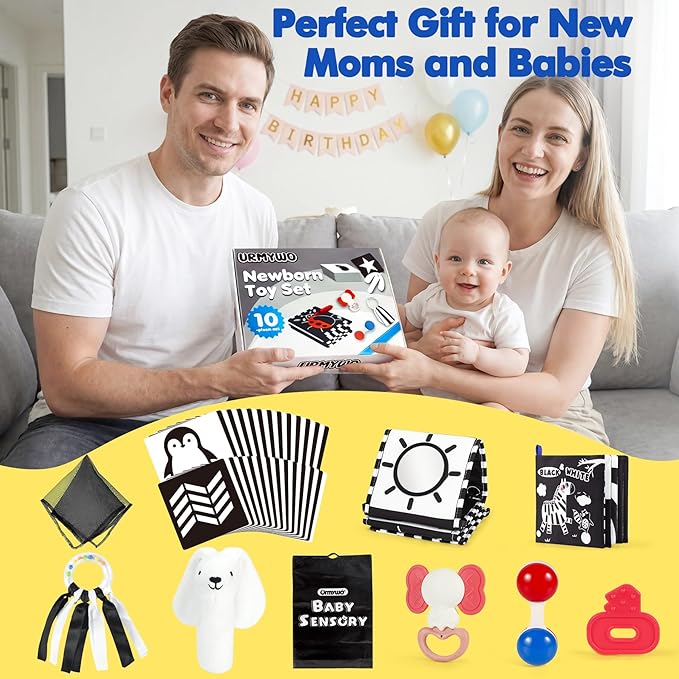 URMYWO 10 Pcs High Contrast Black and White Baby Toys for Newborn, Tummy Time Mirror, Rattle, Teether, Visual Stimulation Learning Cards, Sensory Toys for 0-6 Months, Baby Boy Girl Gift