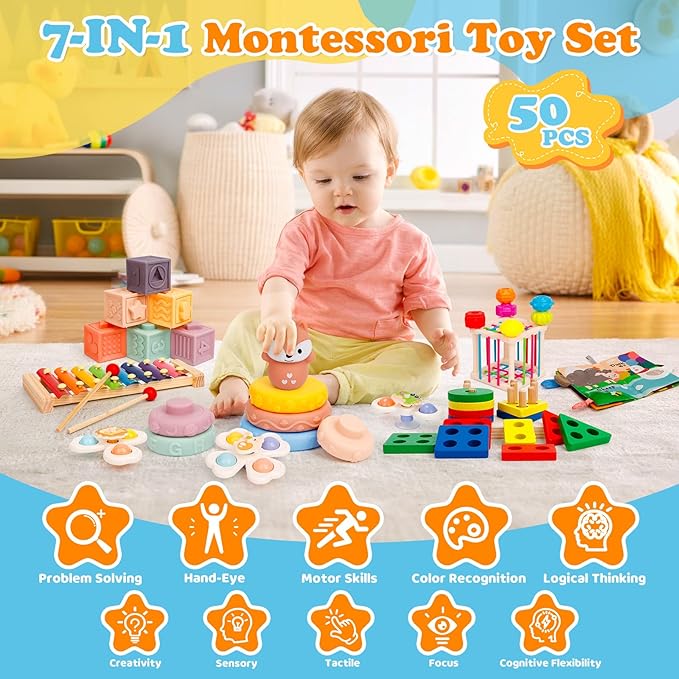 Montessori Toys for Toddlers 1-3, 7-in-1 Educational Activity Toy Set with Soft Cloth Book, Stacking Blocks & Learning Toys, Birthday Gifts for Boys Girls