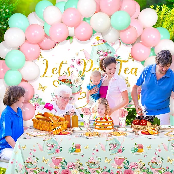 Havawish 165 Pcs Floral Tea Party Decorations Birthday Supplies Girls Women Tea Party Backdrop Tablecloth Balloon Birthday Paper Plate Napkin Tableware Set Disposable for Lets Partea Baby Shower
