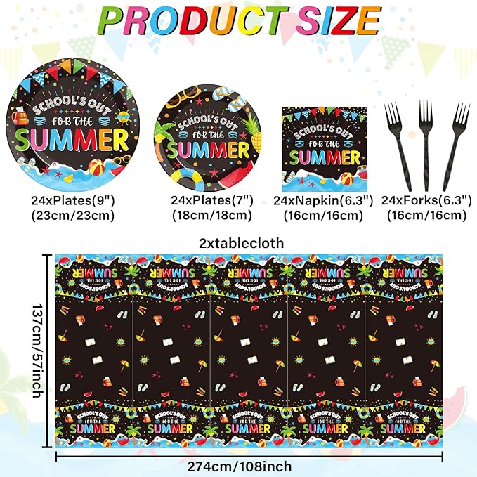 School's Out for The Summer Tableware Set for Kids Class End of School Year Theme Plates Supplies School's Out Plates Napkins Tablecloths Serves 24 Guests Graduation Preschool Party Decorations Favors