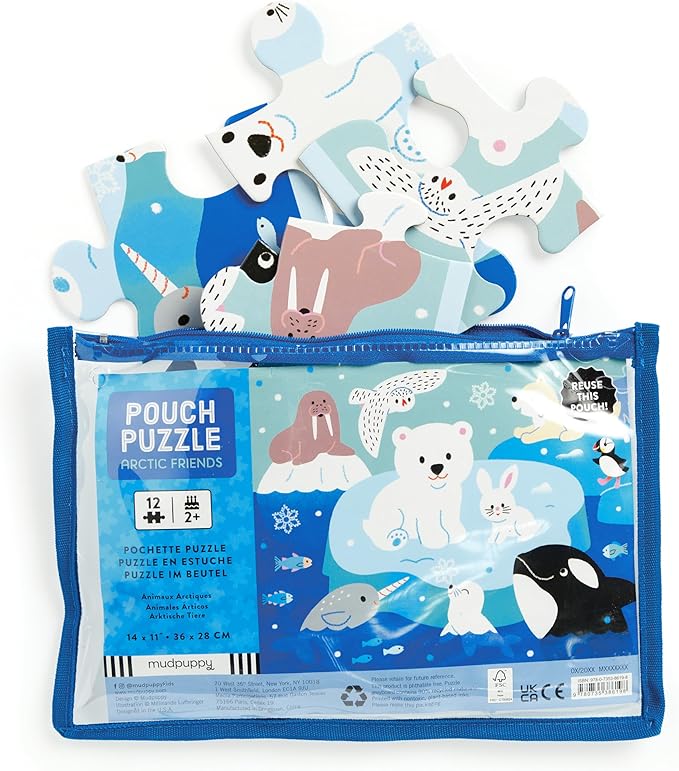 Mudpuppy Arctic Friends – 12 Piece Puzzle with Reusable Zipper Pouch Featuring Colorful and Fun Illustrations of Arctic Polar Animals Perfect for Easy Storage and Travel