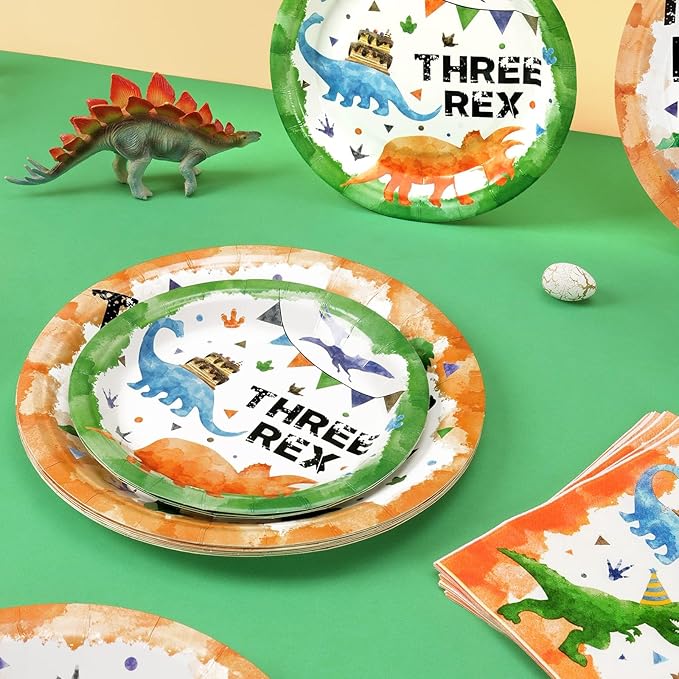 WERNNSAI Watercolor Dinosaur Party Supplies - 48 Pcs Dinosaur 3rd Birthday Party Tableware Bundles for Boys Kids Three Rex Disposable Plates and Napkins Dino Theme Party Decorations Serves 16 Guests