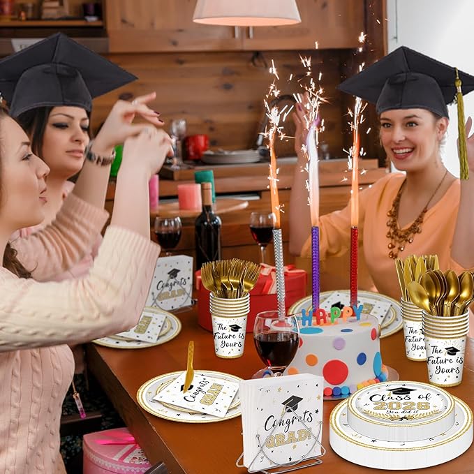 175 Pcs Graduation Tableware Set Party Supplies - Serves 25, Congrats Grad Class of 2026 Disposable Plates, Cups, Napkins, Forks, Spoons, Knives for High School, College Graduation, Prom Decorations