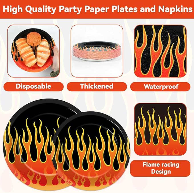 96Pcs Flame Racing Party Plates and Napkins for Fire Flame Birthday Party Supplies Motorcycle Themed Paper Dessert Plates Fire Heroes Tableware Set for Kids Boys 24 Guests Birthday Party Decorations