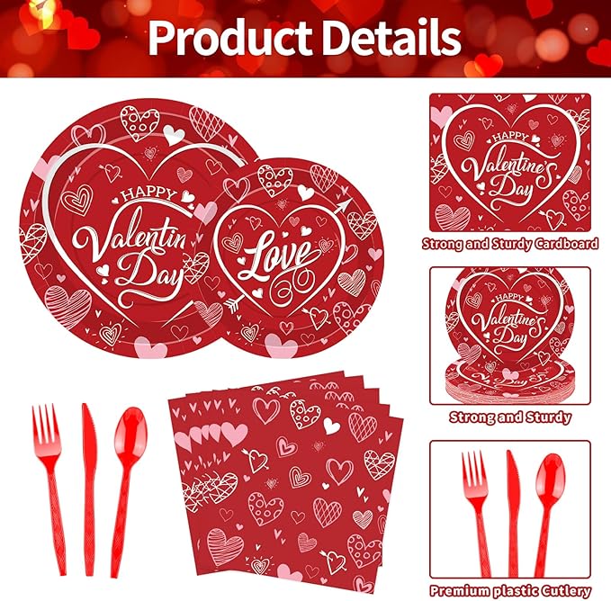 175 Pcs Valentine's Day Tableware Set - Serves 25, Heart and Love-Themed Disposable Plates, Cups, Napkins, Forks, Spoons, Knives for Valentine, Wedding Party Supplies, Romantic Holiday Gatherings