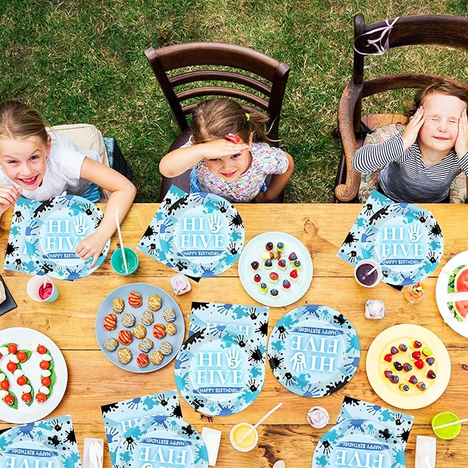CHUNNIN 50Pcs Hi Five Birthday Plates and Napkins 5th Bday Party Decorations Blue High 5 Year Old Paper Dessert Cake Plates Tableware Set Serve 25 Guests for Kids Boys Girls Birthday Party Supplies