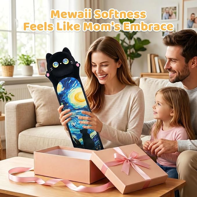 Mewaii Long Cat Plush 5 Sizes, 120% Extra Filling Giant Plushness Kids Body Pillow, Kawaii Cute Black Starry Cat Stuffed Animals Plushies, Big Long Black Cat Body Pillow Plush Gift for Girls 20”