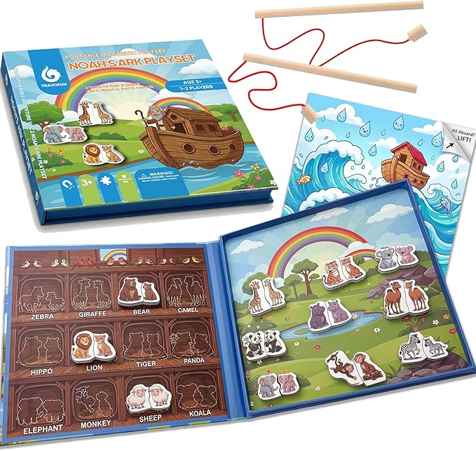 TRAVOFUN Noahs Ark Magnetic Travel Games for Kids 3-5 - Foldable 4 in 1 Busy Book, Christian Educational Toys with Fishing, Matching & Spelling,Sunday School Games & Church Activities Kids Gift
