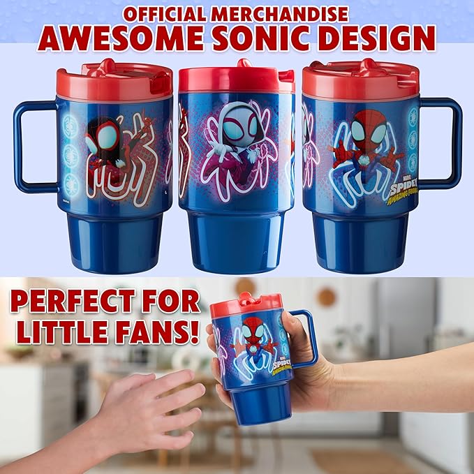 Get Trend Marvel Spiderman Kids Water Bottle with Straw 16.9 oz BPA Free Plastic Cup with Lid Handle Reusable Tumbler for School Gifts for Kids (Blue Spidey)