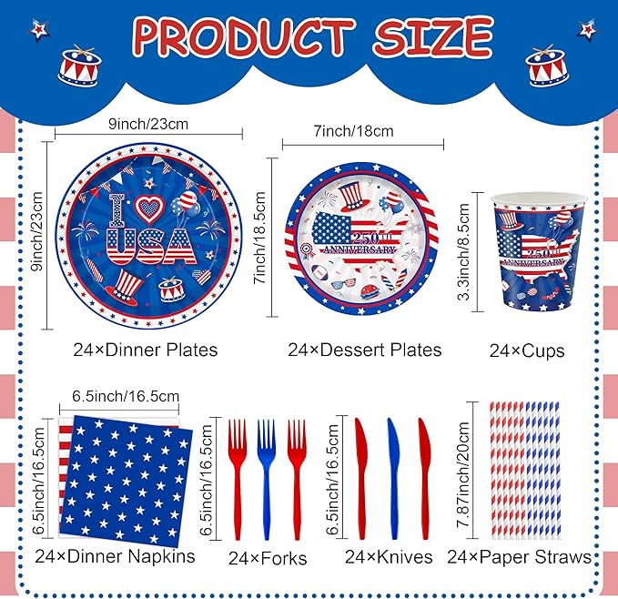 4th of July Disposable Party Tableware Serves 24, Patriotic USA 250th Anniversary Decorations, 168PCS Red White Blue Plates Cups Napkins Cutlery Set for Independence Day & Birthday Party Supplies