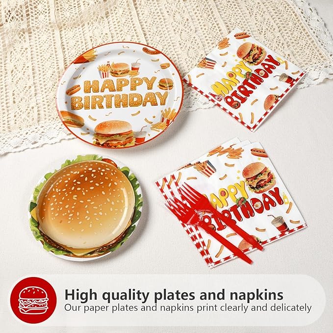 Grencian 96Pcs BBQ Birthday Party Decoration Fast Food Hamburger Plates and Napkins Disposable Barbecue Supplies Picnic Tableware for Food Themed Birthday Party Decorations Serves 24