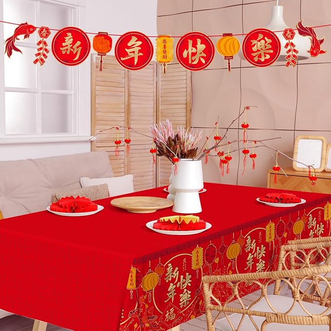 Chinese New Year Party Supplies Kit : Happy New Year Design Decorations Set with Disposable Plates, Napkins, Cups, Tablecloth, and Festive Banner - for Lunar New Year Celebrations Serves 25.