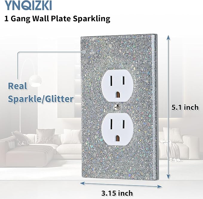 Deep Silver Glitter Outlet Covers - Sparkling Wall Plate 5.1"x3.15", Unique Gift for Her, Housewarming, Birthday, Home Decor,Single Duplex