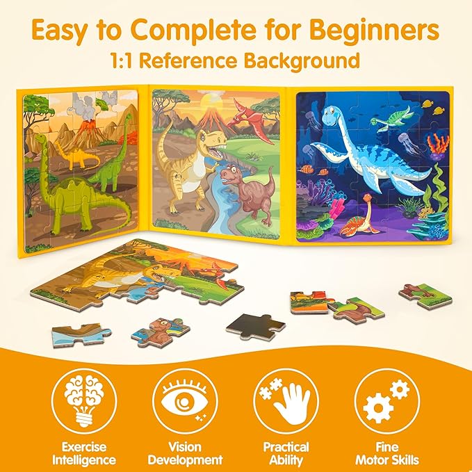 SYNARRY Magnetic Dinosaur Puzzles for Kids Ages 3-5, 20 Pieces Puzzles for Toddlers 4-6, Easter Basket Stuffers Gifts for Kids, Car Airplane Road Trip Activities Magnet Games Toy for Boys Girls