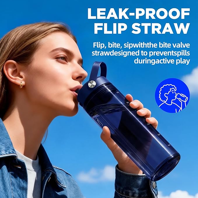 20oz Kids Water Bottle, BPA Free Thick Tritan Plastic Reusable, Clear Water Bottle with Straw, Leakproof Lid, Dishwasher Safe, Boy girl for School,Travel Dark Blue