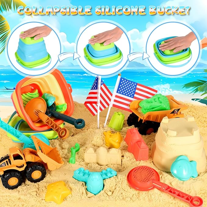 HUITEM Beach Sand Toys for Kids, 29PCS Sandbox Toys with 2 Collapsible Bucket Sand, 2 Dump Truck, Dinosaur Molds, Castle Building Kit, Shovel Sieve,Flags,Mesh Bag Travel Beach Toys for Toddler 3-10