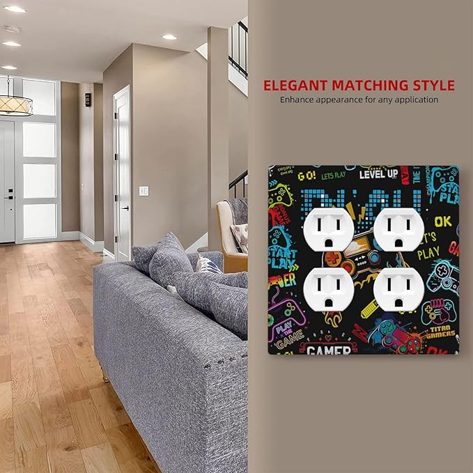 Gamer Video Game Themed Cool Controller Print Outlet Covers 2 Gang Double Duplex Decorative Light Switch Covers Electrical Wallplates Socket Faceplate for Kids Room Office Decor
