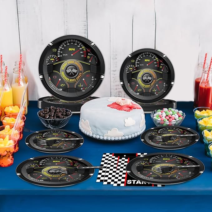 96Pcs Race Car Party Plates and Napkins for Baby Shower Birthday Decorations Supplies Racing Themed Paper Dessert Plates Start Your Engines Tableware Set for Kids Boys 24 Guests Party Decorations