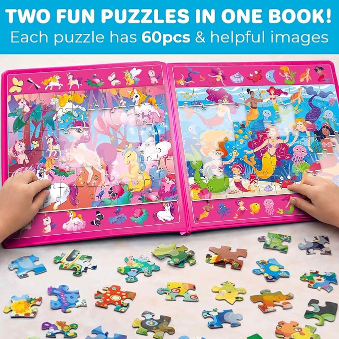 QUOKKA Magnetic Puzzles for Toddlers 3-5 – Search & Find 2 Pack, 60 Pieces Each – Travel Friendly Board with Hidden Objects, Mermaids and Unicorns Scenes – Educational Puzzle Gift for 3 Year Olds