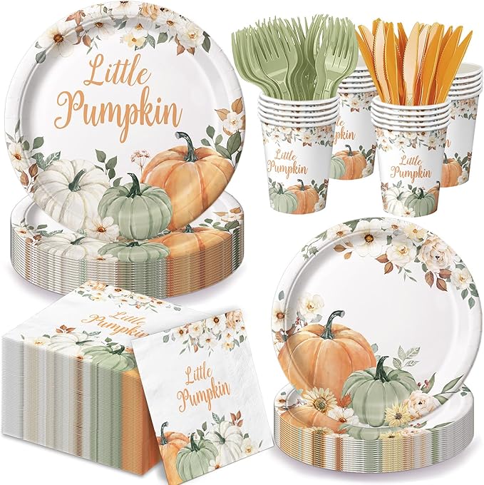 120 Pcs Little Pumpkin Baby Shower Party Decoration – Autumn Pumpkin & Floral Tableware Set with Plates, Napkins, Cups, Cutlery for Thanksgiving & Fall Baby Shower Decorations, Serves 20