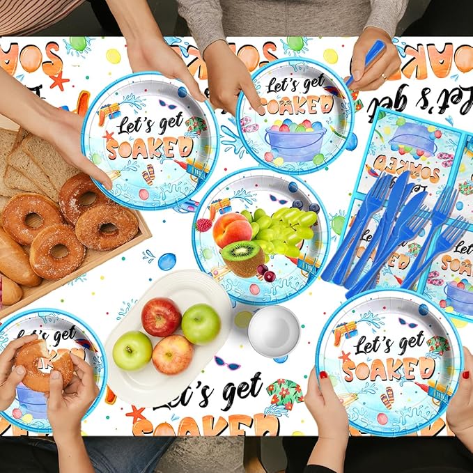 Summer Party Decorations, 142Pcs Water Gun Party Decorations Tableware Set,Include Plates and Napkins,Tablecloth,Banner for Let's Get Soaked Pool Beach Party Birthday Supplies, Serves 20