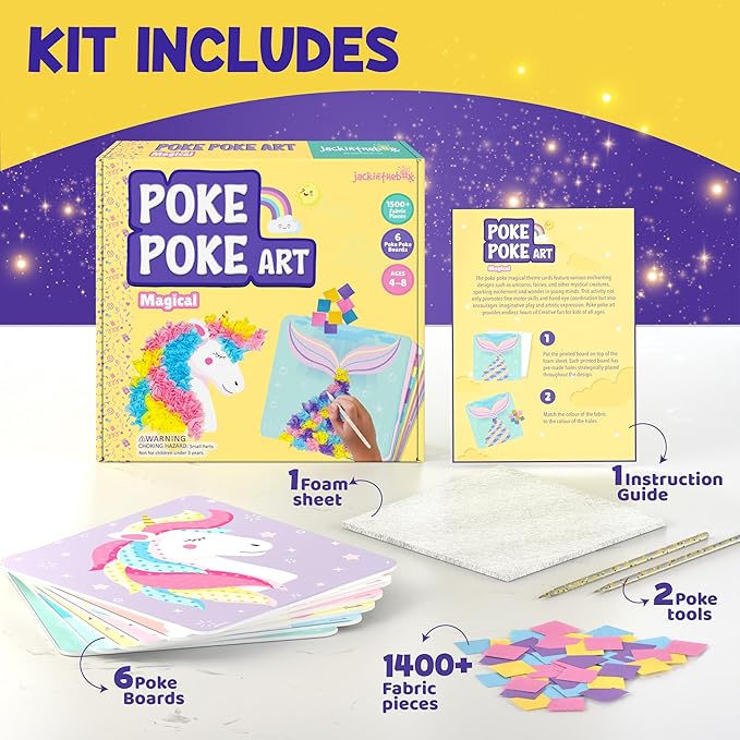 jackinthebox Poke Poke Art – Magical Theme, Mess-Free Fabric Art and Craft, Flower Pressing Kits, Gift for Kids, Girl Gifts, DIY Activity Boy Gift, Best Gift for Girls and Boys Ages 4 5 6 7 8