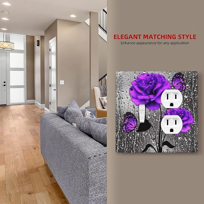Pretty Purple Grey Rose Butterfly 2-Gang 1-Toggle 1-Duplex Device Combination Wallplate Valentine's Day Flowers Blossom Art One Toggle Switch and One Duplex Receptacle Outlet Combo Light Switch Cover