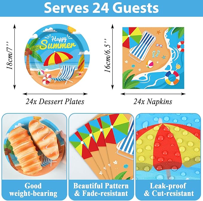 Summer Party Supplies Serves 24 Beach Luau Party Paper Plates Napkins Hawaiian Tablecloth Set Tableware Kit for Pool Party Birthday Tropical Dinner
