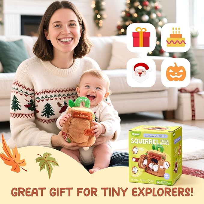 JoyCat Baby Toys 6-12 Months - Soft Baby Treehouse with 5 Sensory Squirrels - Rattle, Crinkle Paper, Squeaker, Mirror, Busy Montessori Soft Toys for Toddlers 0-3 Years Old - Easter Basket Stuffers