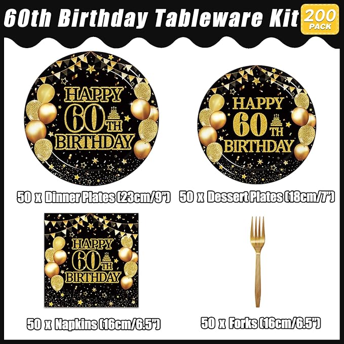 Kepeel 200Pcs 60th Birthday Party Tableware Set, Back in 1966 Birthday Party Decorations Supplies for Men Women Cheers to 60 Years Disposable Paper Plates Napkins Forks Favors, Serve 50