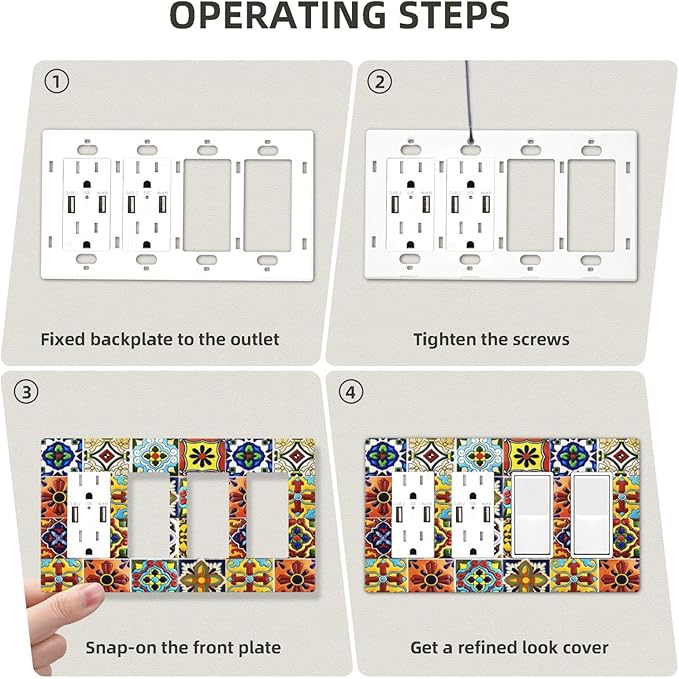 Boho Mexican Moroccan Tile 4 Gang Quad Rocker/GFCI/Decorator Light Switch Cover Plate Decorative Electric Faceplate Decorative Switchplate Screwless