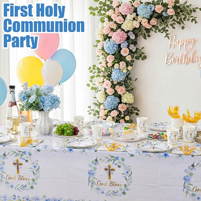 Pickmesh 194 Pcs God Bless Baptism Party Decoration Boy for 24, Blue Floral Baptism Confirmation Paper Plate Napkin Cup Tablecloth Cutlery for First Holy Communion Christening Baby Shower Supplies