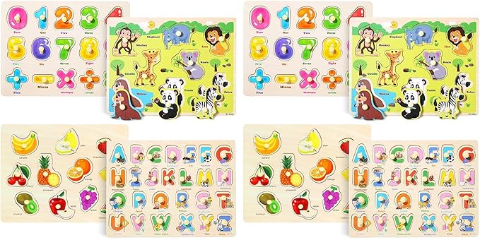 GRINNNIE Wooden Peg Puzzle for Toddlers 3 4 5 Years Old, 4 PCS Montessori Educational Learning Puzzles Set-Numbers, Letters, Animals and Fruits, Great Preschool Gifts for Girls and Boys (Pack of 2)