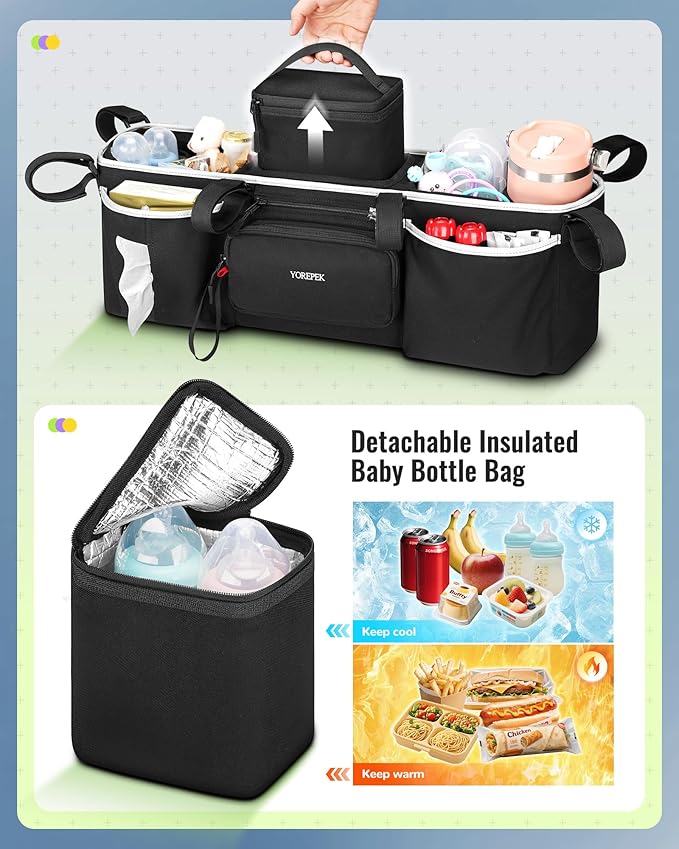 YOREPEK Heavy Duty Double Stroller Organizer for Bob Duallie, Baby Jogger City Mini GT2 and Jeep,Stroller Caddy with Detachable Cooler Bag and Handbag,Stroller Storage Attachment for Baby Accessories