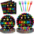 100PCS Back To School Decorations School Season Supplies Paper Plates Napkins Disposable Black Bottom Colorful Pattern Tableware Dinnerware for Student Birthday Picnic First Day of School Serves 25
