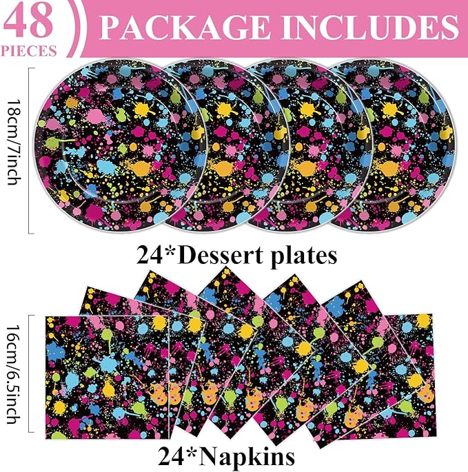 48Pcs Neon Glow in the Dark Paper Dessert Plates and Napkins Neon Party Decorations Paint Splatter Birthday Party Supplies Colorful Graffiti Disposable Tableware for Kids Baby Shower Serves 24