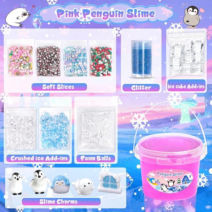 Penguin Slime Kit 10oz, Big Clear Slime Bucket with Cute Charms, Soft Non-Sticky Pink Slime Sensory Toys, Goodie Bag Stuffers Party Favors Birthday Gifts for Boys Girls Ages 4-12