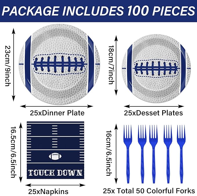Qyeahkj 25 Guests Cowboys Football Party Plates and Napkins Supplies American Football Team Platters Tableware Set Touch Down Blue & White Decor Favors for Football Fans Boy Sports Team Theme Party
