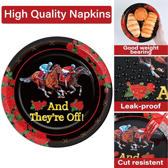 Qyeahkj 100PCS Derby Day Plates and Napkins Party Supplies Horse Racing Tableware Set Kentucky Party Decorations Favor Racing Horse Roses Dinner Plates for Derby Day Celebrations Serves 25