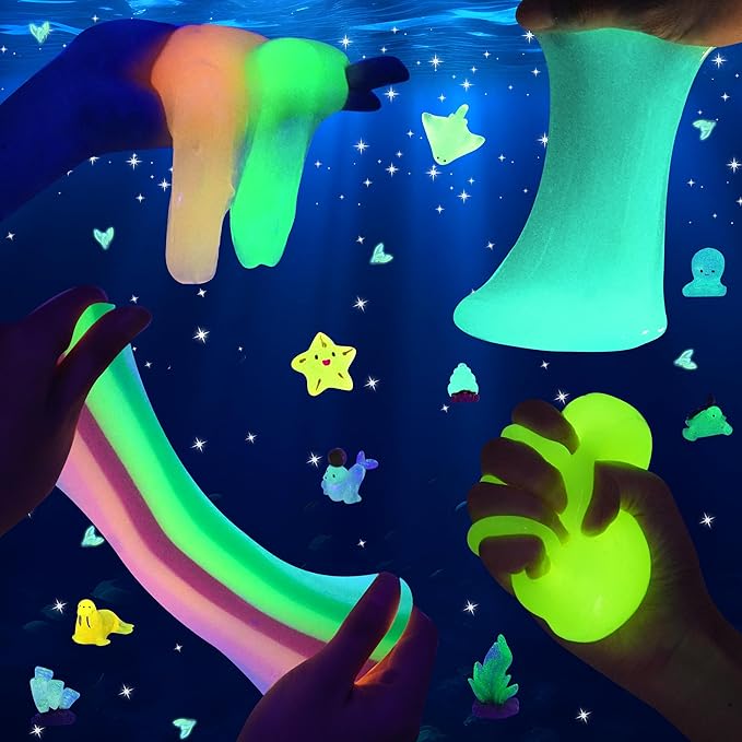 Ocean Glow in The Dark Slime Kit 9 Pack, with Deep Sea Slime Charms, Sensory DIY Rainbow Slime for Kids, Glow Party Favors for Girls & Boys, Halloween