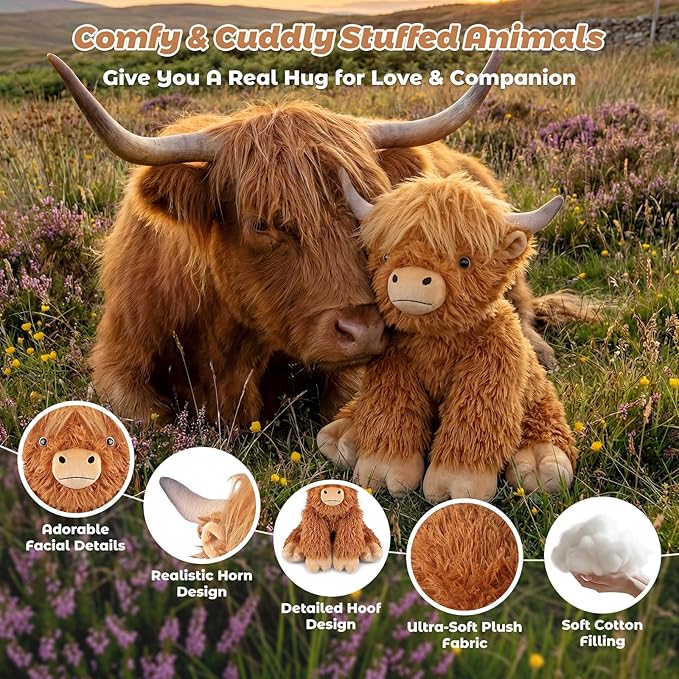 24" & 4.5lbs Highland Cow Stuffed Animal, Sitting & Laying Weighted Stuffed Animals, Cuddly & Soft Weighted Highland Cow Plush for Adults & Kids, Highland Cow Gifts for Christmas & Valentine’s Day