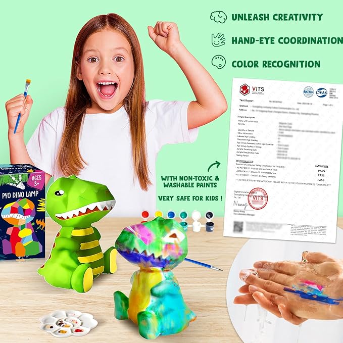 Goody King Paint Your Own Dinosaur Lamp Kit, DIY Night Light, Arts & Crafts for Teens Girls Boys, Painting Kit for Kids Age 8-12, Room Decorations, Dinosaur Birthday Gifts for Kids Ages 3 4 5 6 7 8+