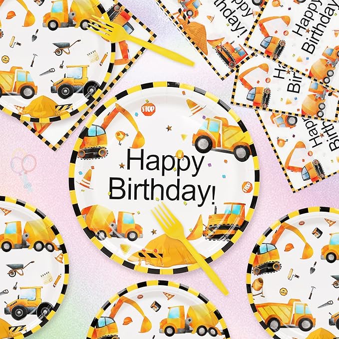 100 Pcs Construction Birthday Party Decorations, Construction Theme Plates and Napkins Forks Set, Disposable Dump Truck Tableware Set for Kids Boys Birthday Party Supplies, 25 Guests